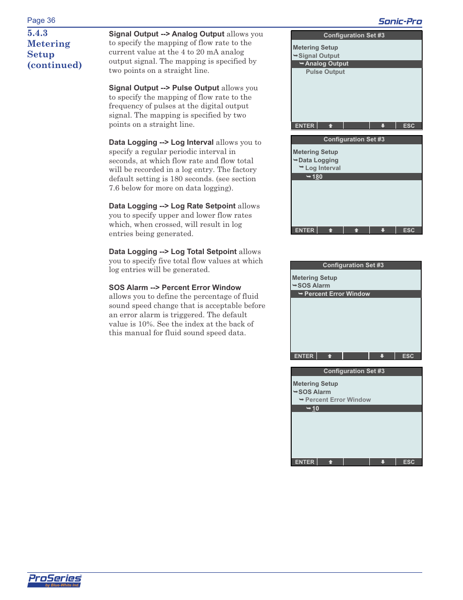 Proseries, Sonic-pro, 3 metering setup (continued) | Blue-White Sonic-Pro Hybrid Ultrasonic Flowmeters User Manual | Page 36 / 74