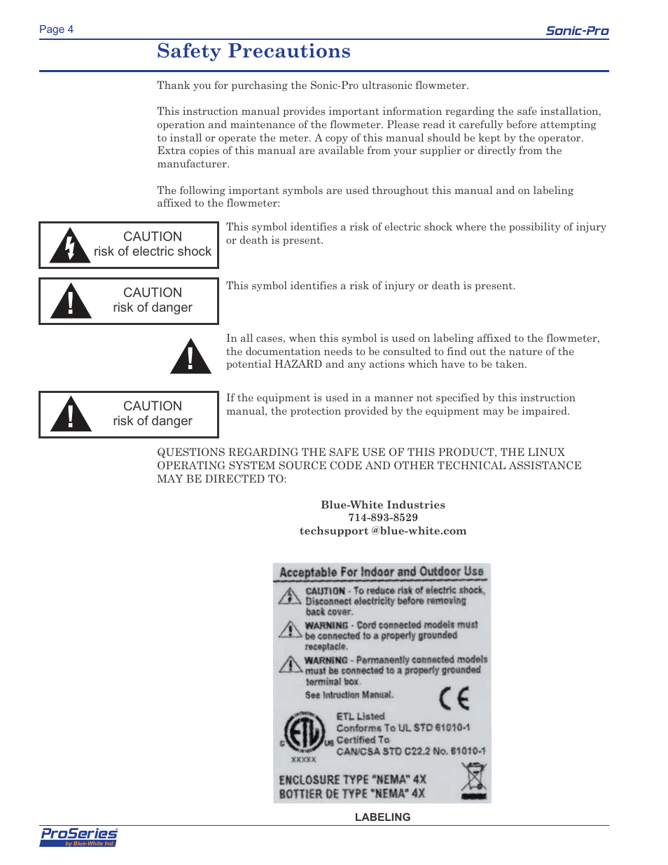 Safety precautions, Proseries | Blue-White Sonic-Pro Hybrid Ultrasonic Flowmeters User Manual | Page 4 / 74