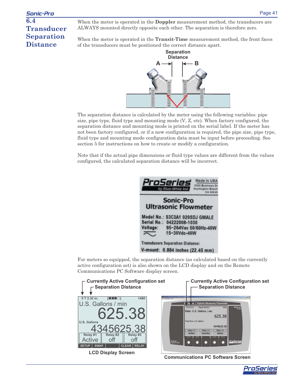 Proseries, Sonic-pro, 4 transducer separation distance | Blue-White Sonic-Pro Hybrid Ultrasonic Flowmeters User Manual | Page 41 / 74