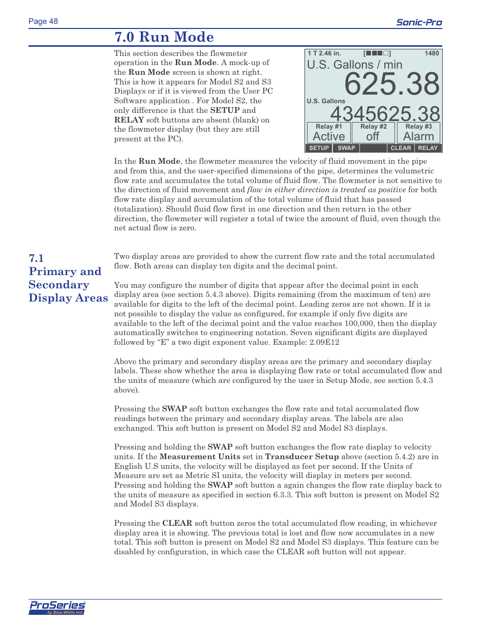 0 run mode, Proseries, Alarm | Active, U.s. gallons / min | Blue-White Sonic-Pro Hybrid Ultrasonic Flowmeters User Manual | Page 48 / 74