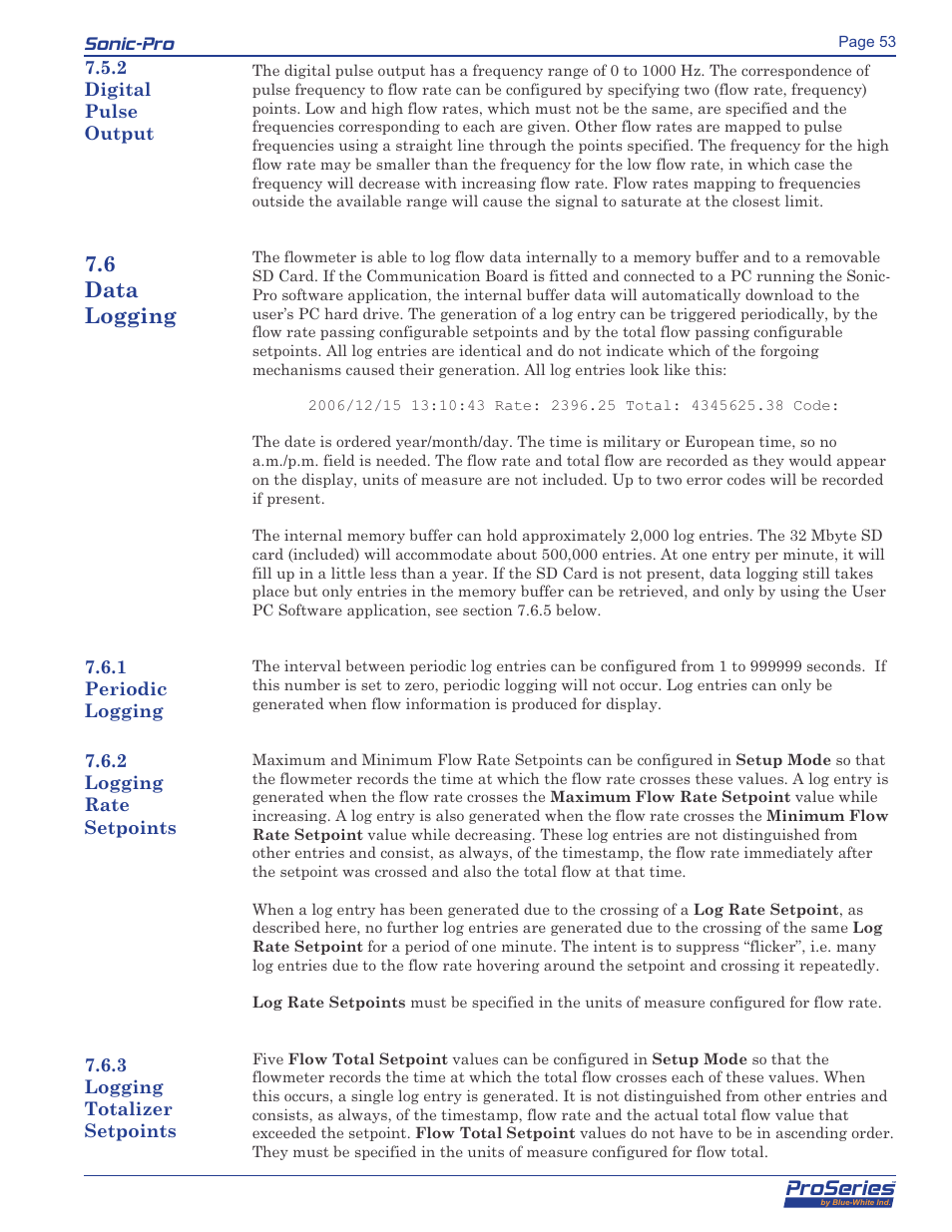 Proseries, Sonic-pro, 6 data logging | Blue-White Sonic-Pro Hybrid Ultrasonic Flowmeters User Manual | Page 53 / 74