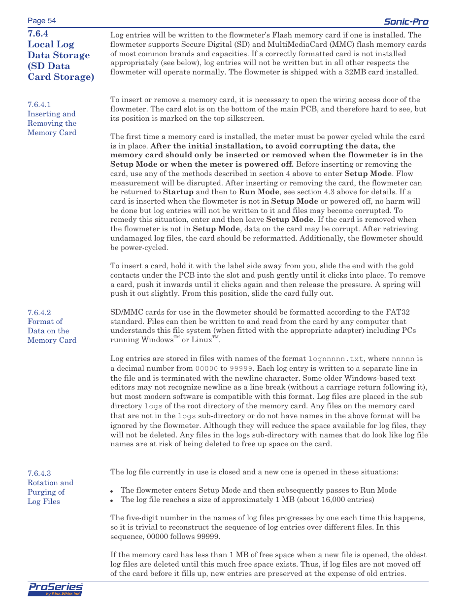 Proseries, Sonic-pro, 4 local log data storage (sd data card storage) | Blue-White Sonic-Pro Hybrid Ultrasonic Flowmeters User Manual | Page 54 / 74