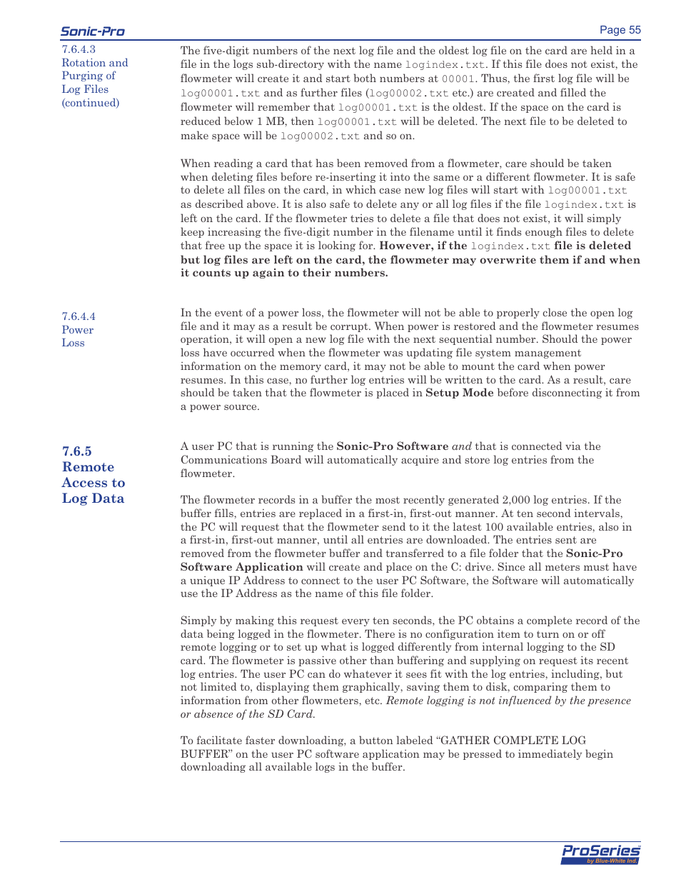 Proseries, Sonic-pro, 5 remote access to log data | Blue-White Sonic-Pro Hybrid Ultrasonic Flowmeters User Manual | Page 55 / 74