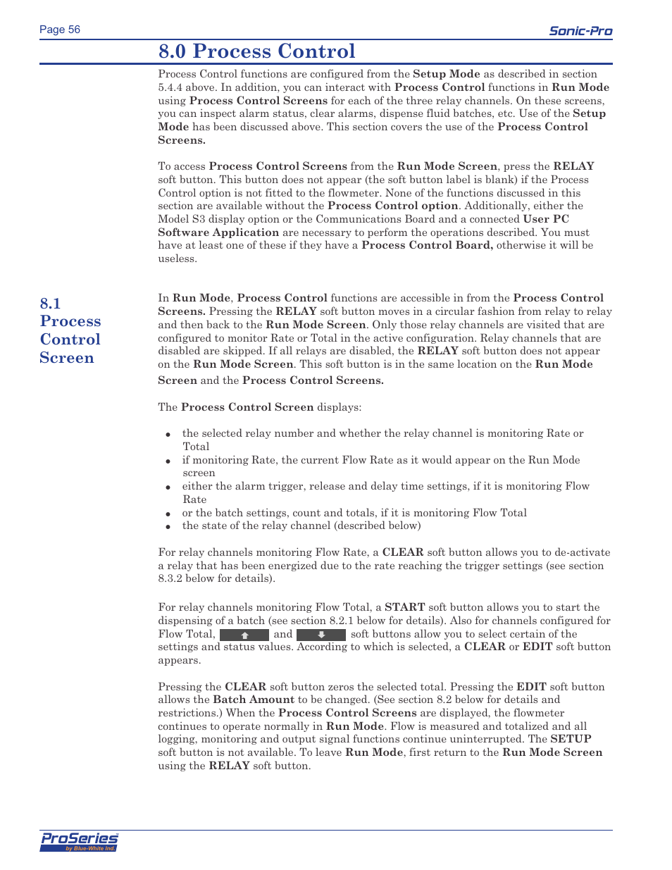 0 process control, Proseries, Sonic-pro | 1 process control screen | Blue-White Sonic-Pro Hybrid Ultrasonic Flowmeters User Manual | Page 56 / 74