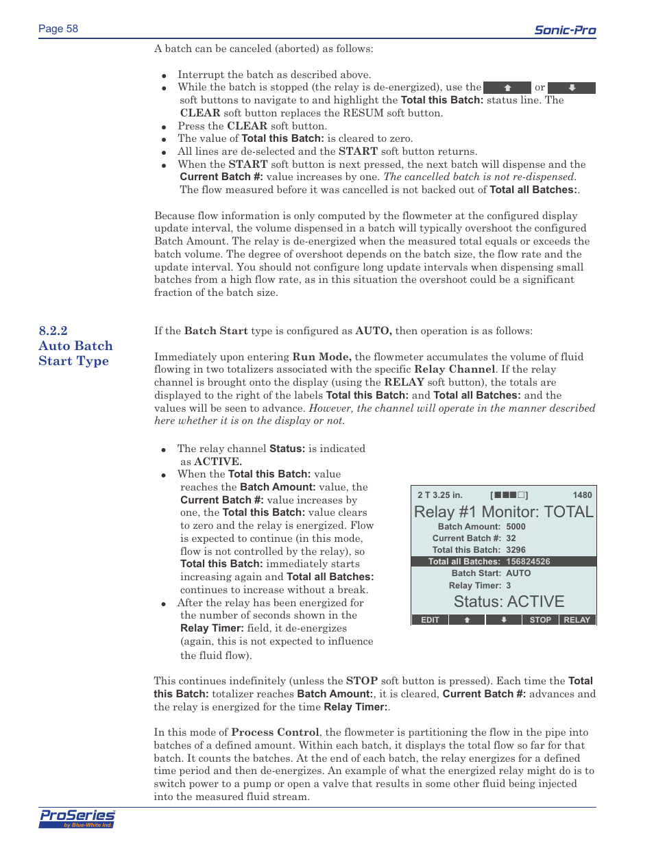 Proseries, Relay #1 monitor: total status: active, Sonic-pro | Blue-White Sonic-Pro Hybrid Ultrasonic Flowmeters User Manual | Page 58 / 74