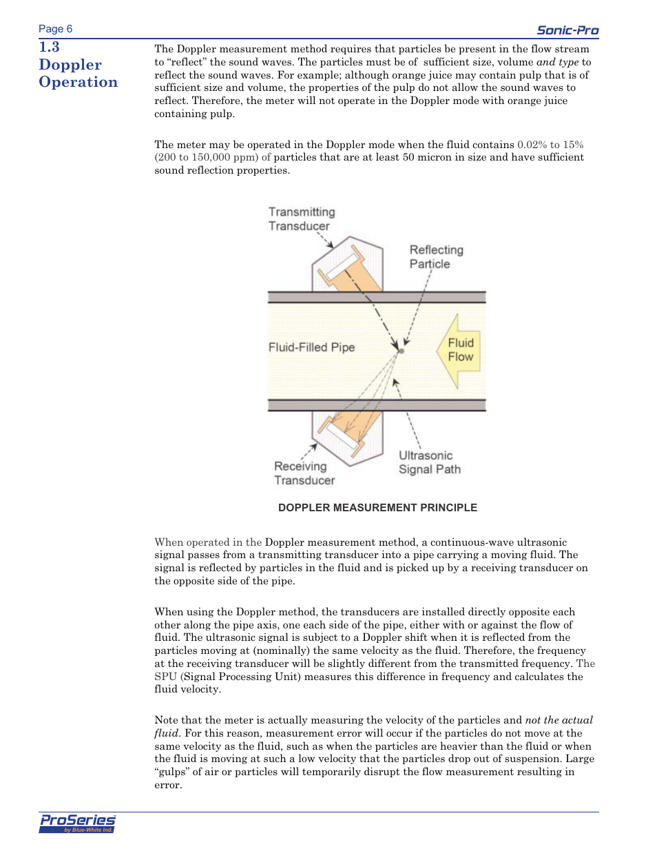 Proseries, 3 doppler operation, Sonic-pro | Blue-White Sonic-Pro Hybrid Ultrasonic Flowmeters User Manual | Page 6 / 74