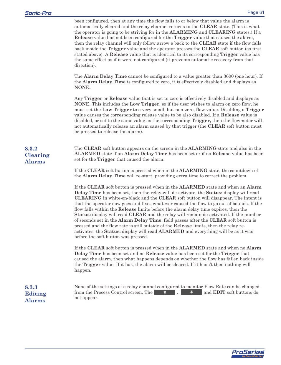 Proseries, Sonic-pro, 2 clearing alarms 8.3.3 editing alarms | Blue-White Sonic-Pro Hybrid Ultrasonic Flowmeters User Manual | Page 61 / 74