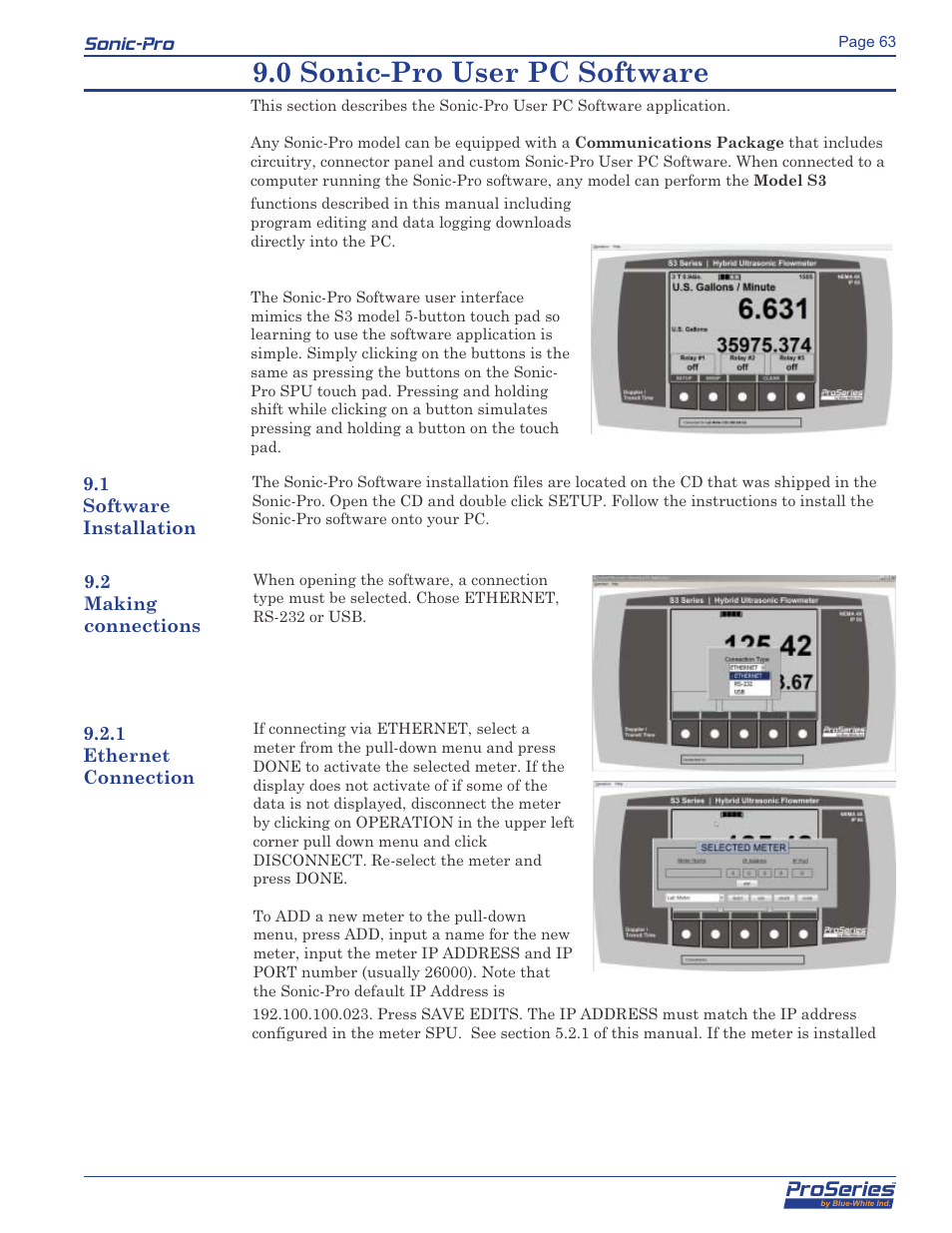 0 sonic-pro user pc software, Proseries, Sonic-pro | Blue-White Sonic-Pro Hybrid Ultrasonic Flowmeters User Manual | Page 63 / 74