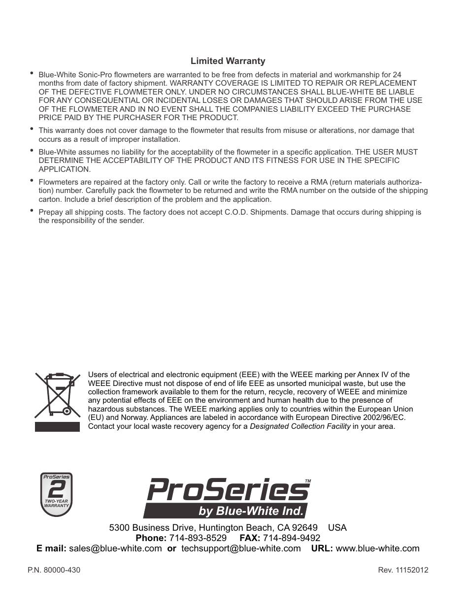 Proseries, By blue-white ind | Blue-White Sonic-Pro Hybrid Ultrasonic Flowmeters User Manual | Page 74 / 74