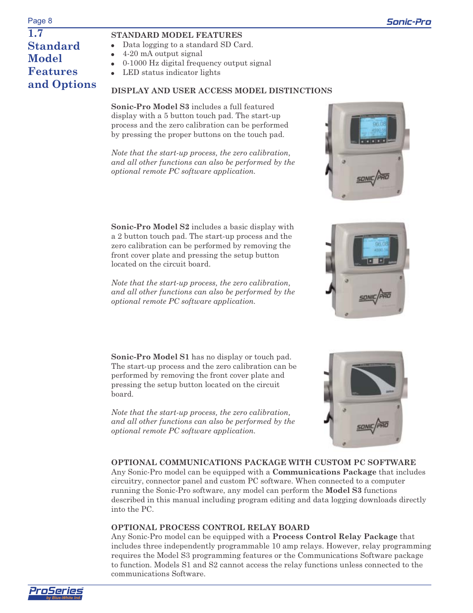 Proseries, Sonic-pro, 7 standard model features and options | Blue-White Sonic-Pro Hybrid Ultrasonic Flowmeters User Manual | Page 8 / 74