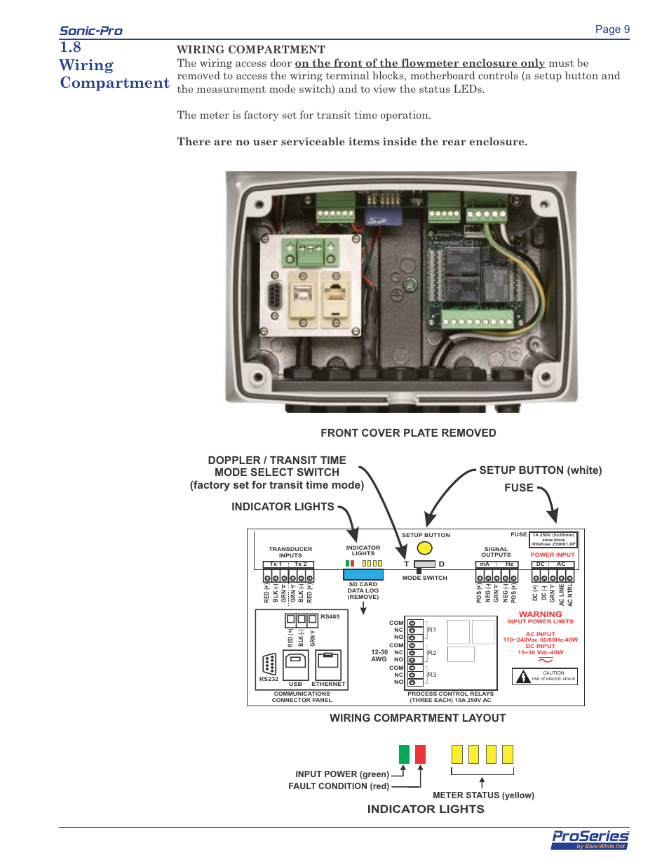 Proseries, Sonic-pro, 8 wiring compartment | Page 9, Wiring compartment layout indicator lights | Blue-White Sonic-Pro Hybrid Ultrasonic Flowmeters User Manual | Page 9 / 74