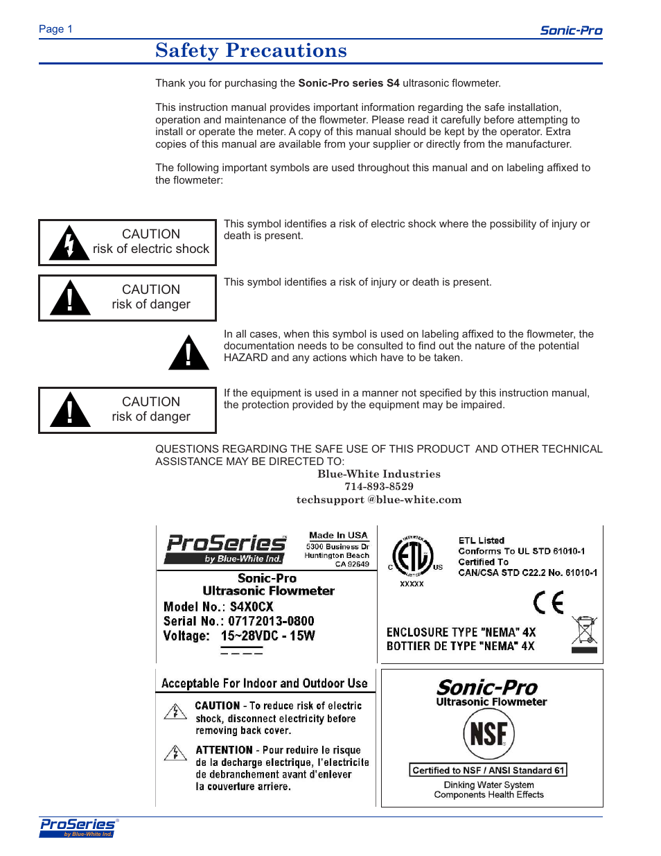 Safety precautions, 0 product overview, Proseries | Blue-White Sonic-Pro S4 Ultrasonic Flowmeters User Manual | Page 2 / 32