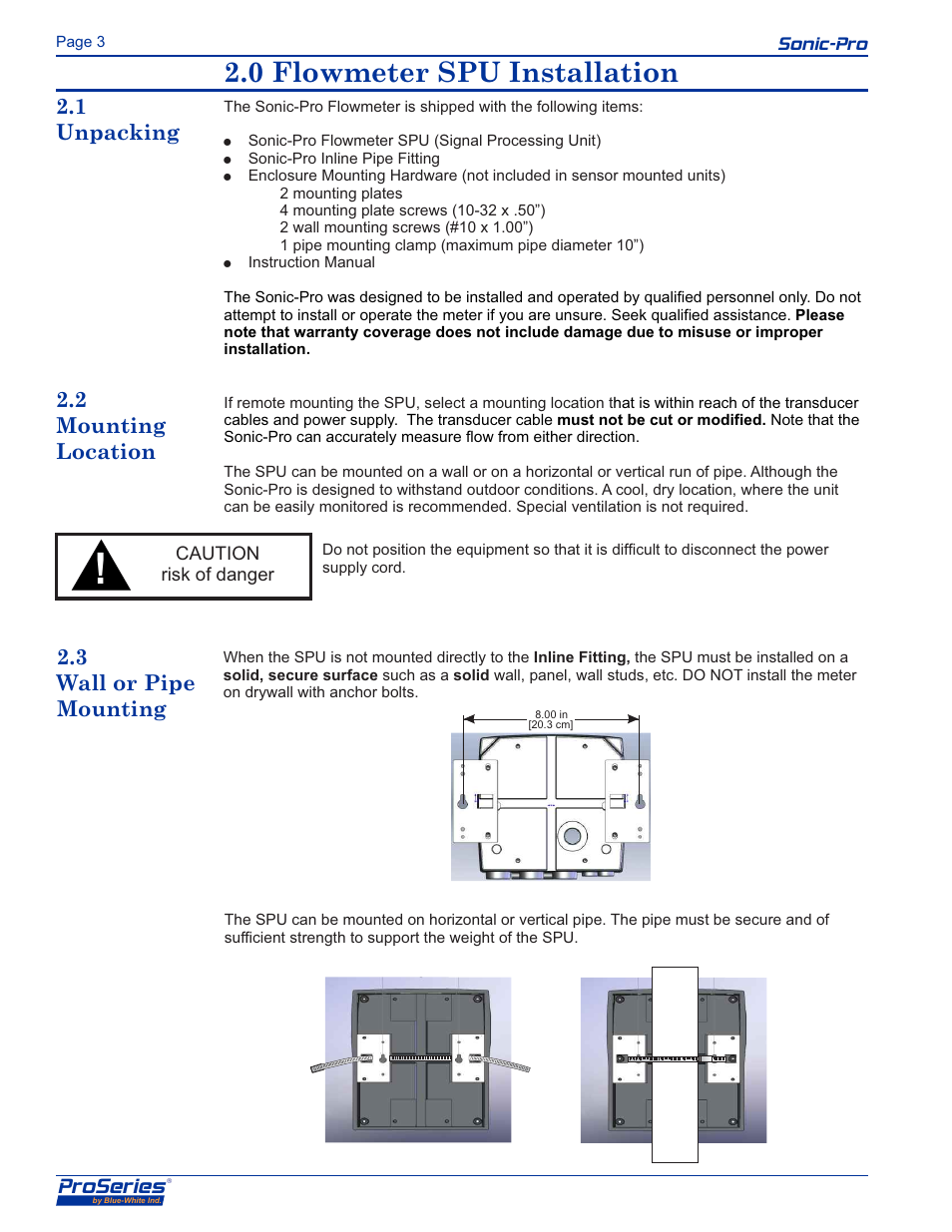 0 flowmeter spu installation, 0 ultrasonic transducer installation, Proseries | Sonic-pro, Caution risk of danger, Ok no no | Blue-White Sonic-Pro S4 Ultrasonic Flowmeters User Manual | Page 4 / 32
