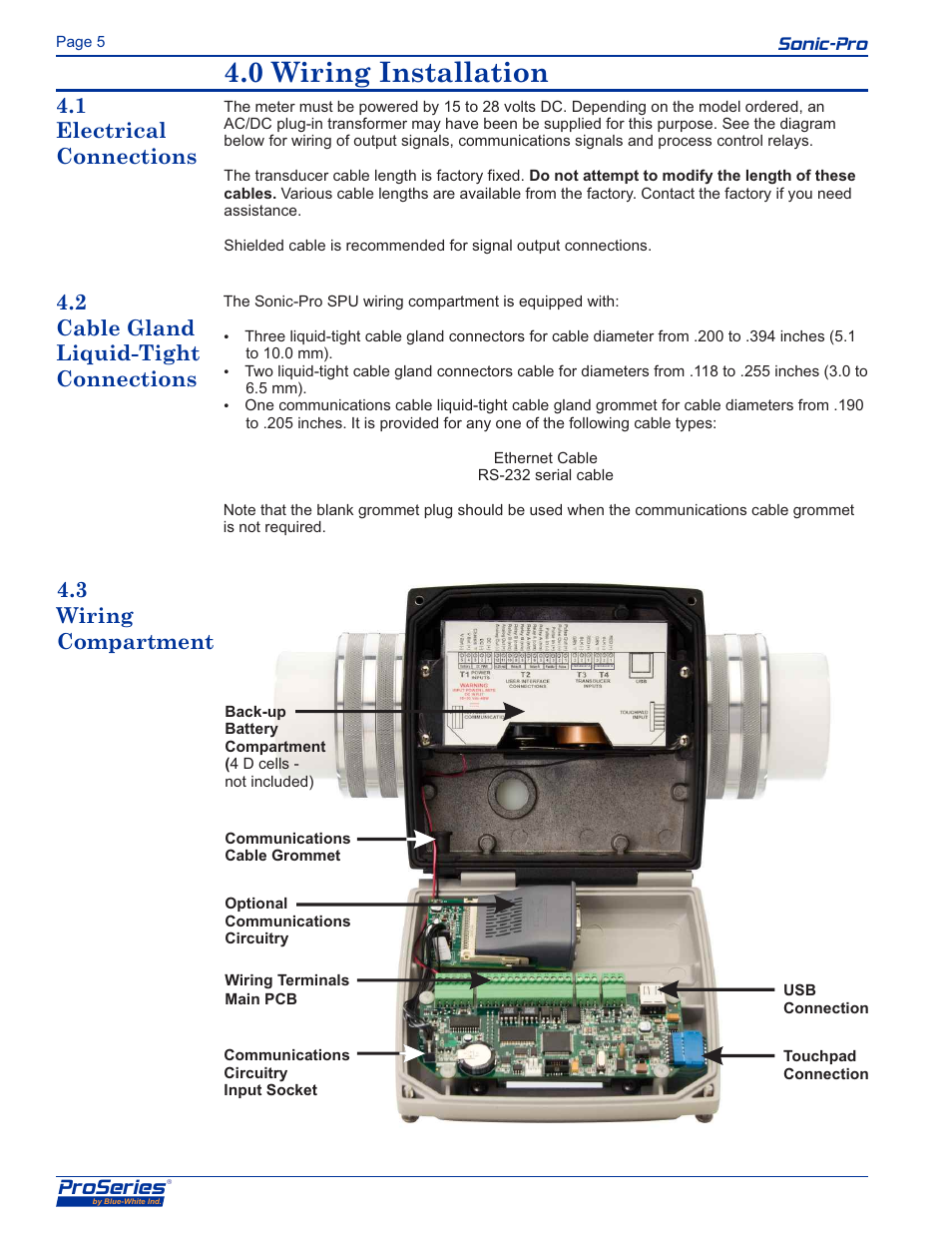 0 wiring installation, Proseries, 1 electrical connections | Sonic-pro, T1 t2 t3 t4, Sonic-pro 4.4 wiring terminals | Blue-White Sonic-Pro S4 Ultrasonic Flowmeters User Manual | Page 6 / 32