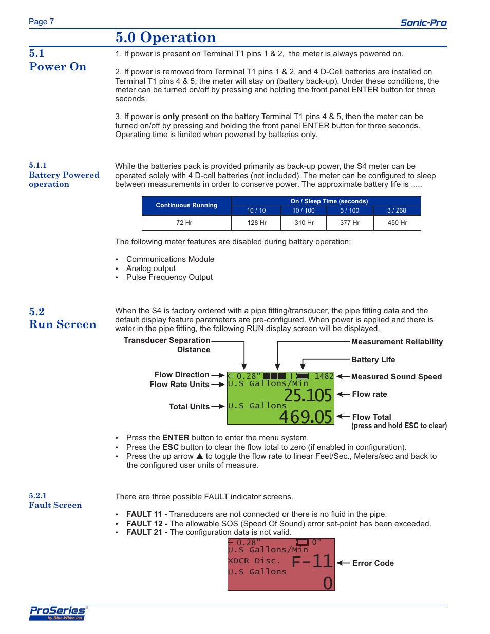 F-11, 0 operation, Proseries | Sonic-pro 5.1 power on 5.2 run screen, Sonic-pro 5.3 menu navigation | Blue-White Sonic-Pro S4 Ultrasonic Flowmeters User Manual | Page 8 / 32