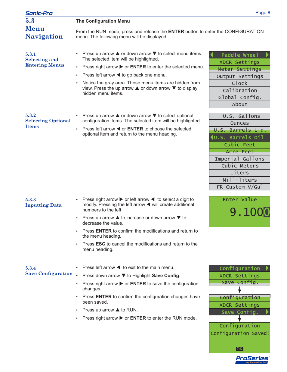 F-11, 0 operation, Proseries | Sonic-pro 5.1 power on 5.2 run screen, Sonic-pro 5.3 menu navigation | Blue-White Sonic-Pro S4 Ultrasonic Flowmeters User Manual | Page 9 / 32