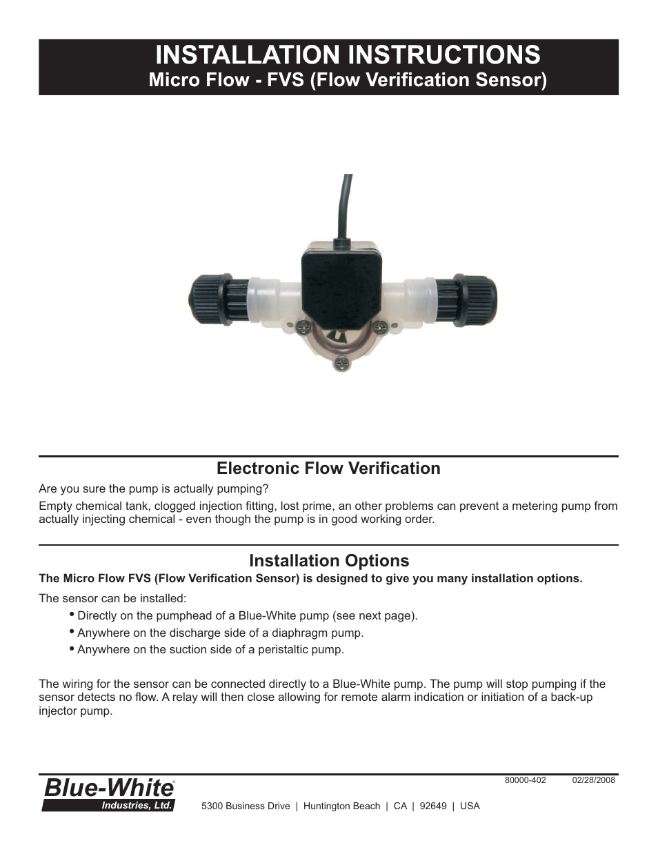 Blue-White Flow Verification Sensor (FVS) User Manual | 6 pages