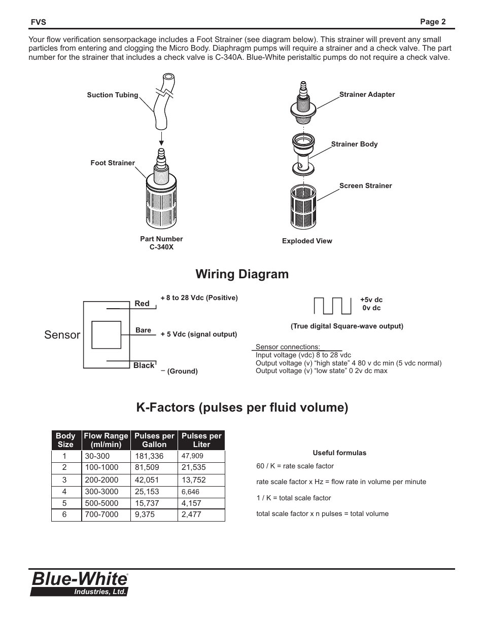 Blue-white, Wiring diagram, K-factors (pulses per fluid volume) | Sensor | Blue-White Flow Verification Sensor (FVS) User Manual | Page 3 / 6