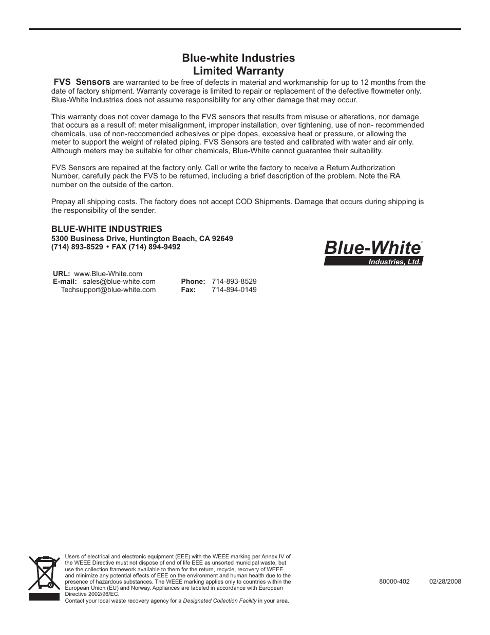 Blue-white, Blue-white industries limited warranty | Blue-White Flow Verification Sensor (FVS) User Manual | Page 6 / 6
