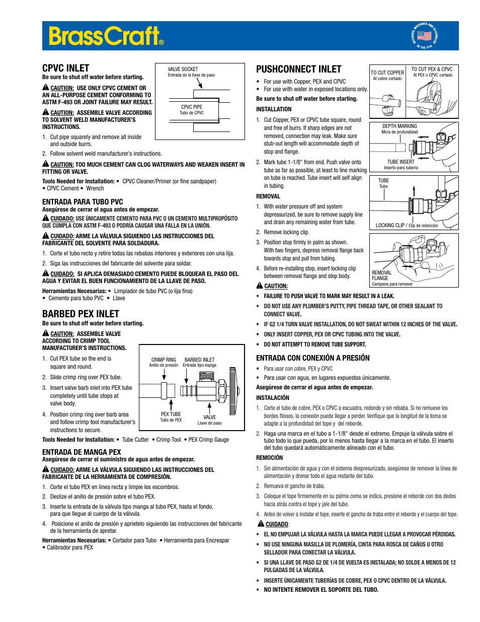 Pushconnect inlet, Cpvc inlet, Barbed pex inlet | BrassCraft Push Connect One-Piece Supplies User Manual | Page 2 / 3