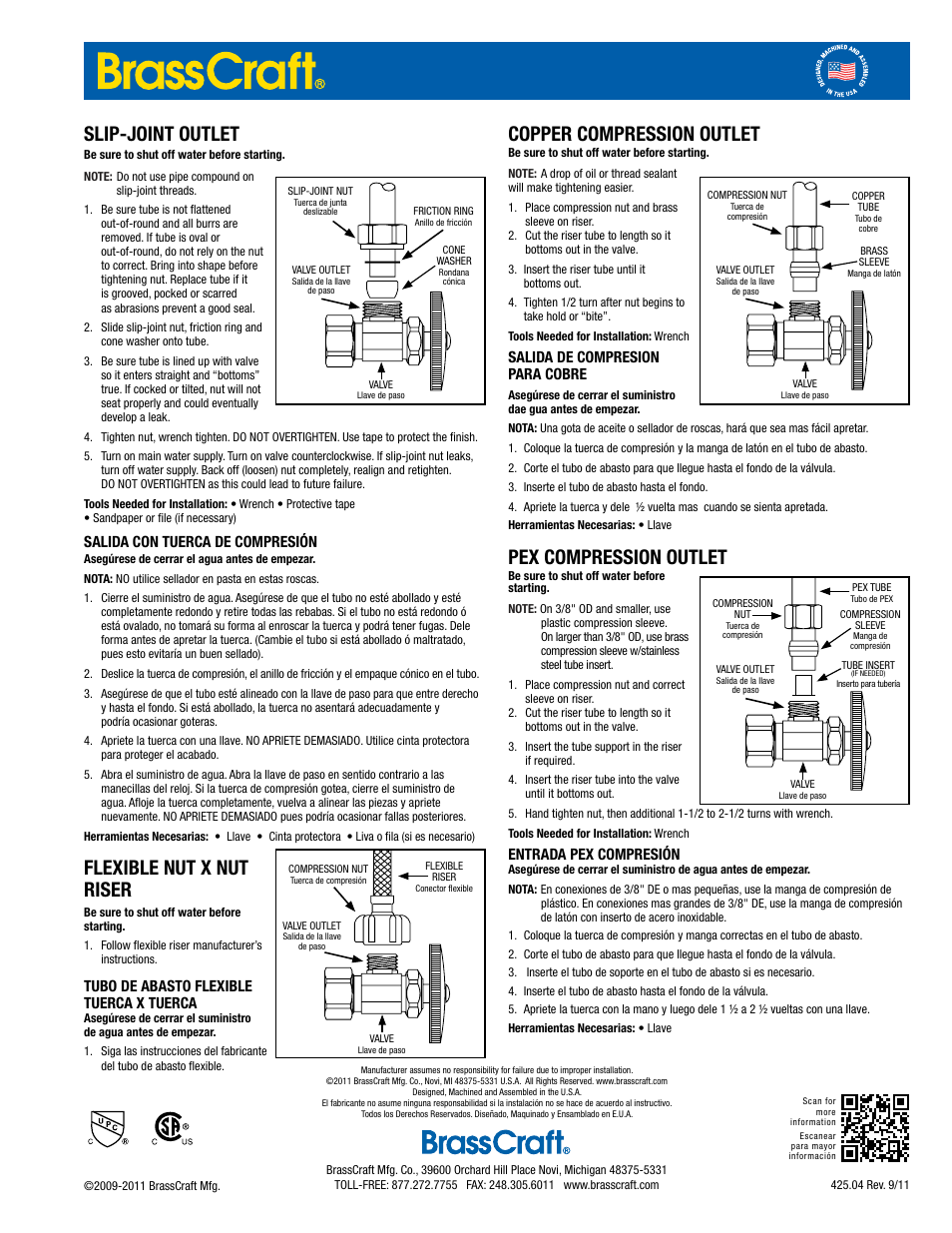 Slip-joint outlet, Flexible nut x nut riser, Copper compression outlet | Pex compression outlet, Salida con tuerca de compresión, Tubo de abasto flexible tuerca x tuerca, Salida de compresion para cobre, Entrada pex compresión | BrassCraft Push Connect One-Piece Supplies User Manual | Page 3 / 3