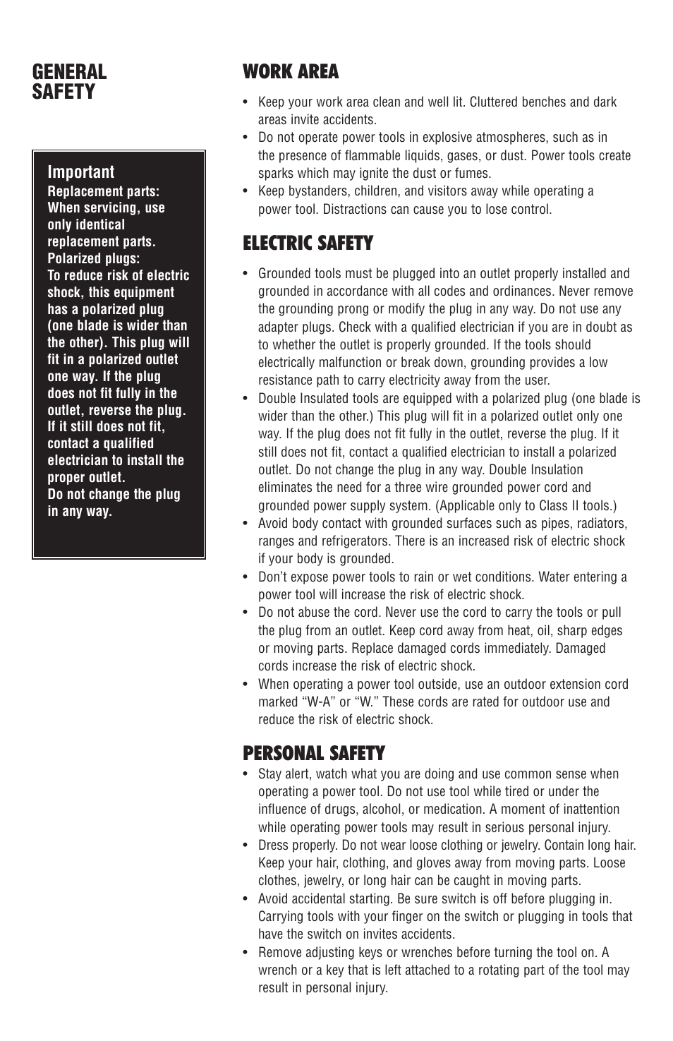 General safety work area, Electric safety, Personal safety | Important | BrassCraft 110ES Series User Manual | Page 2 / 6