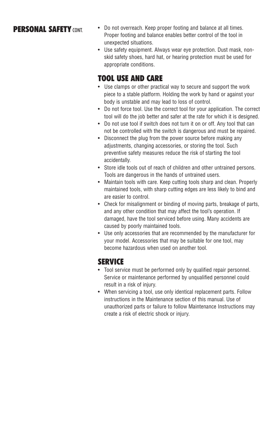 Tool use and care, Service, Personal safety | BrassCraft 110ES Series User Manual | Page 3 / 6