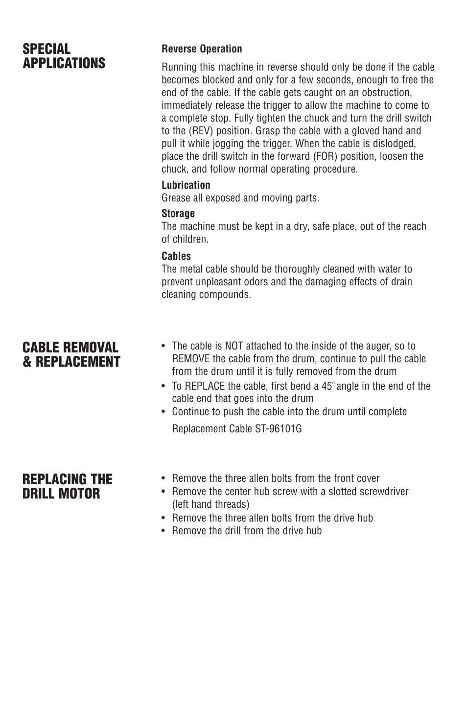Special applications, Cable removal & replacement, Replacing the drill motor | BrassCraft 110ES Series User Manual | Page 5 / 6