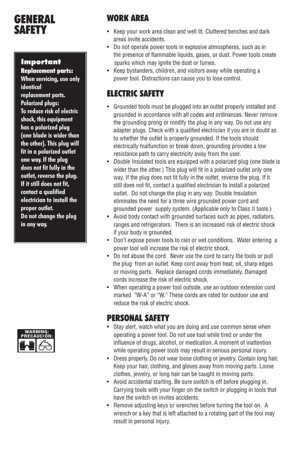 General safety, Work area, Electric safety | Personal safety, Important | BrassCraft 20 Series User Manual | Page 2 / 6