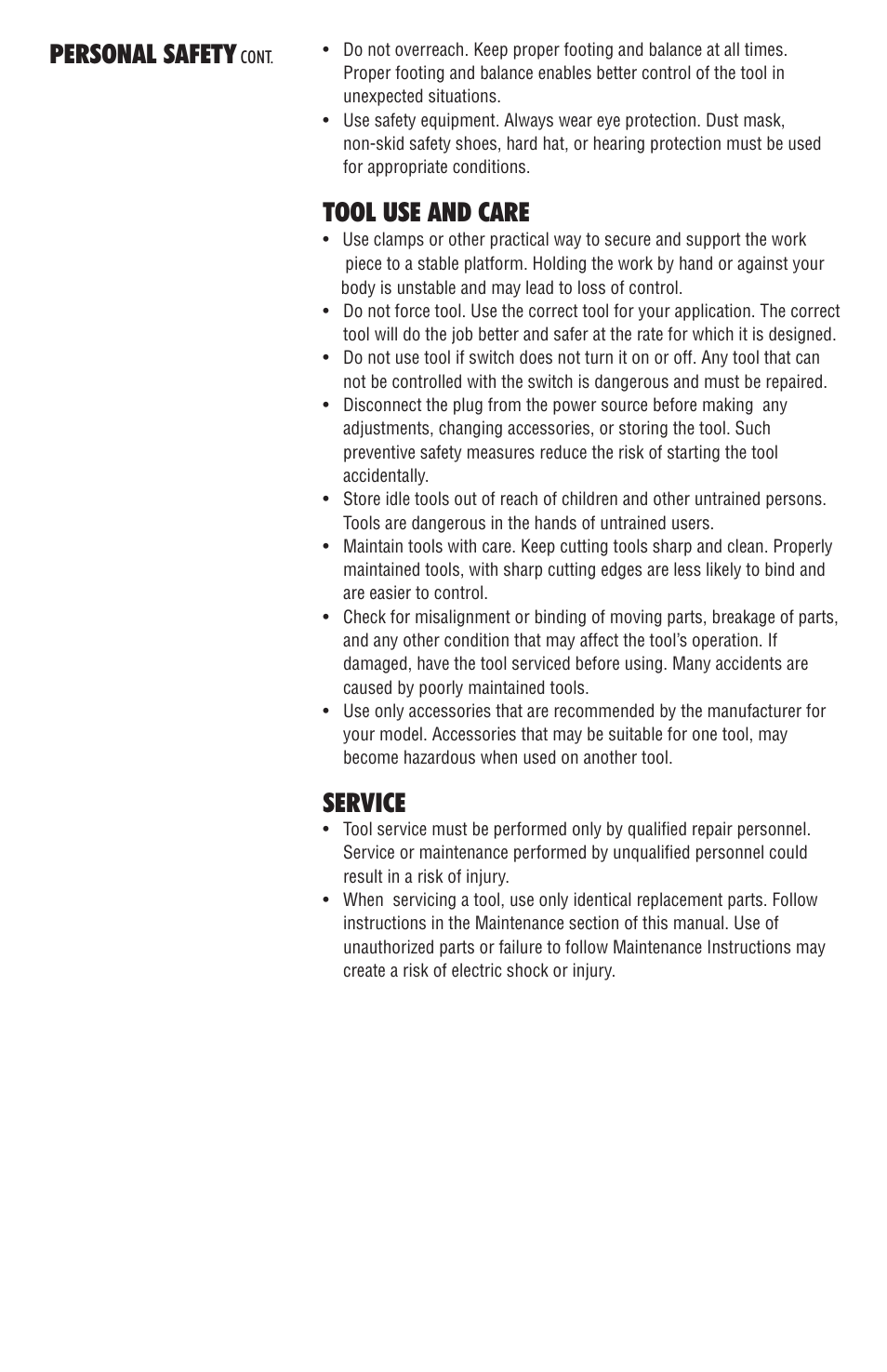 Tool use and care, Service, Personal safety | BrassCraft 20 Series User Manual | Page 3 / 6