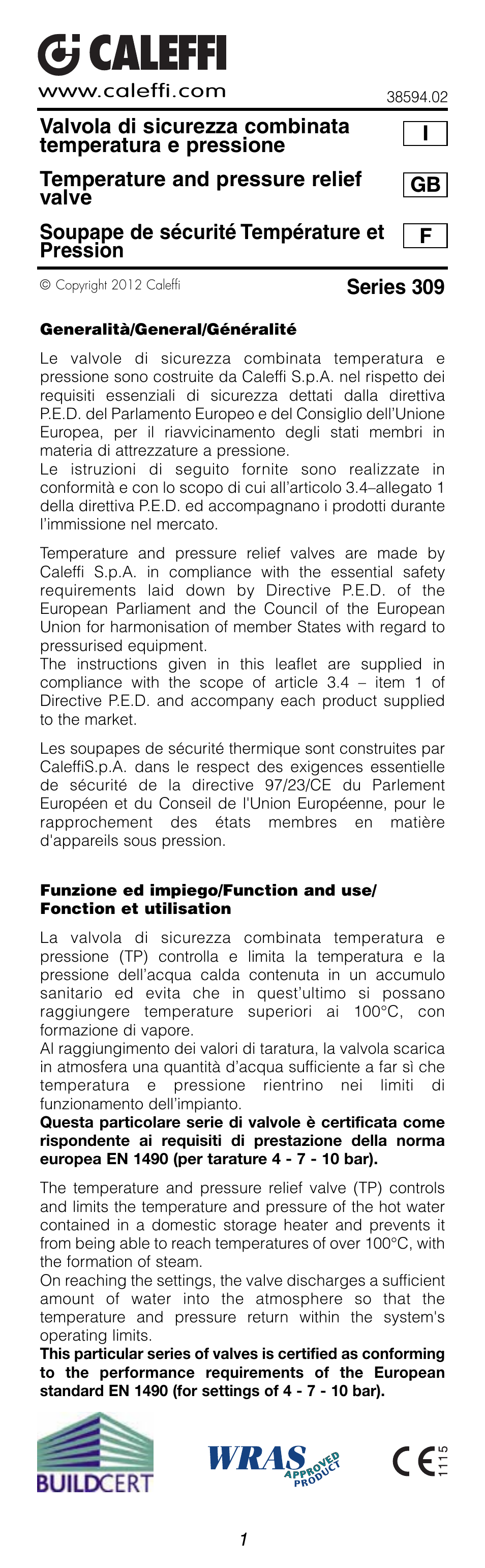 Caleffi 309 User Manual | 8 pages