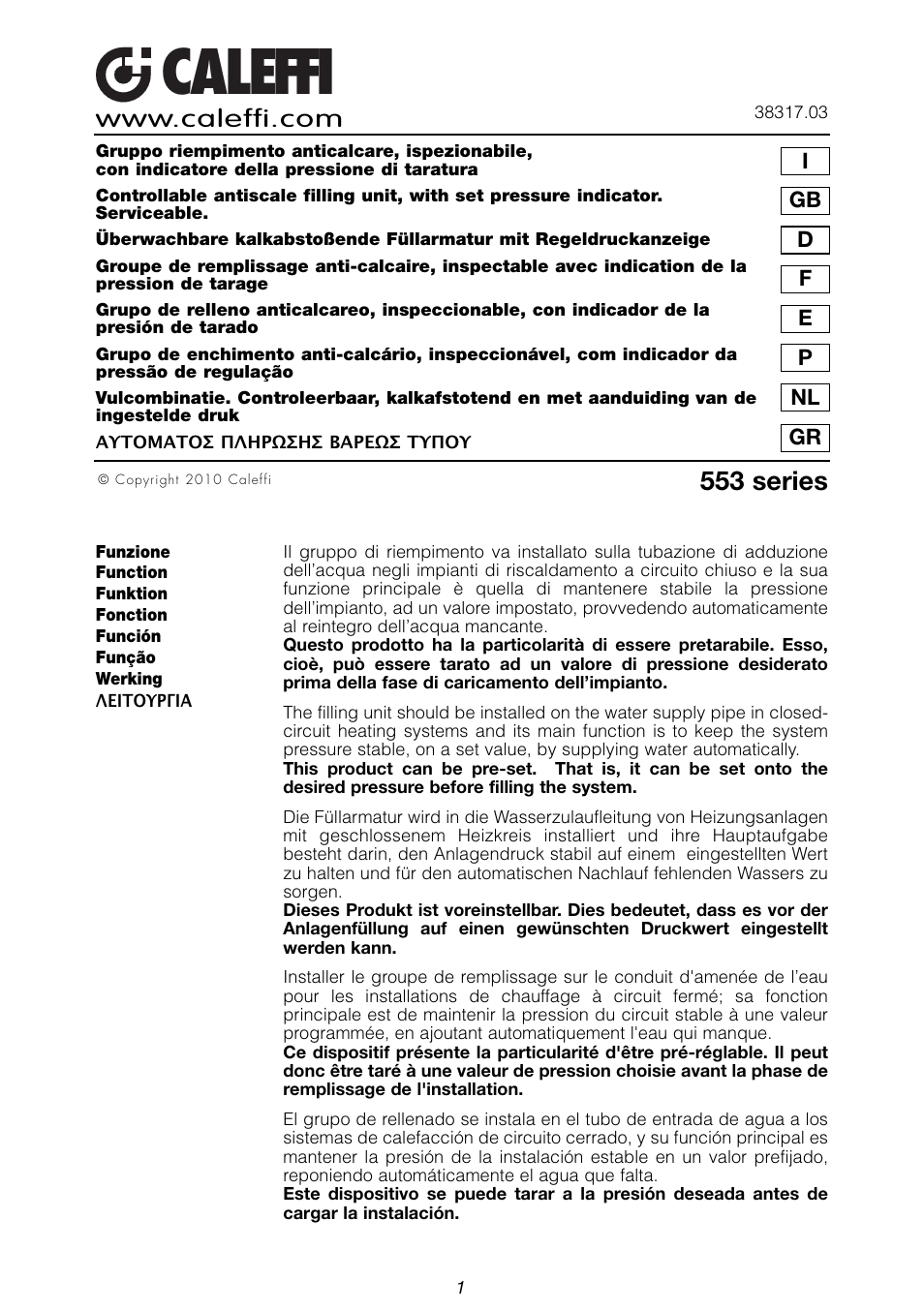 Caleffi 553 User Manual | 8 pages