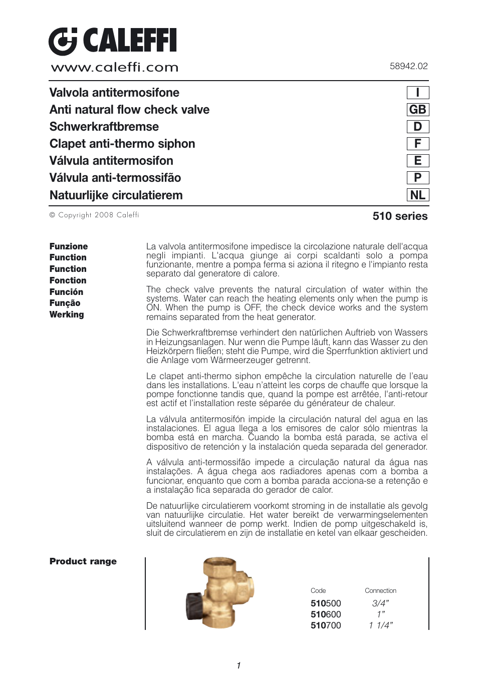 Caleffi 510 User Manual | 6 pages