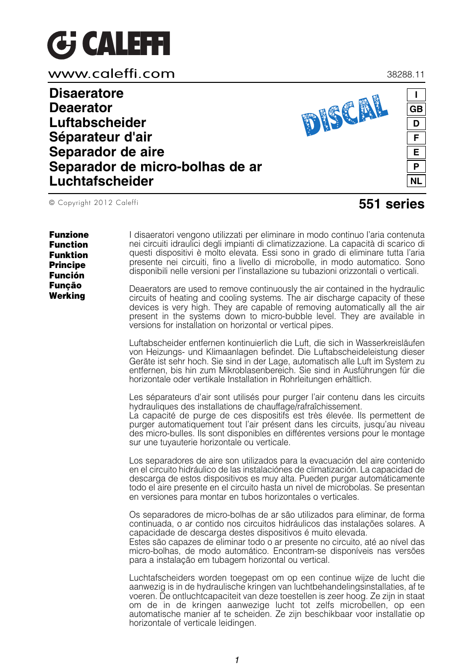 Caleffi 551 User Manual | 12 pages
