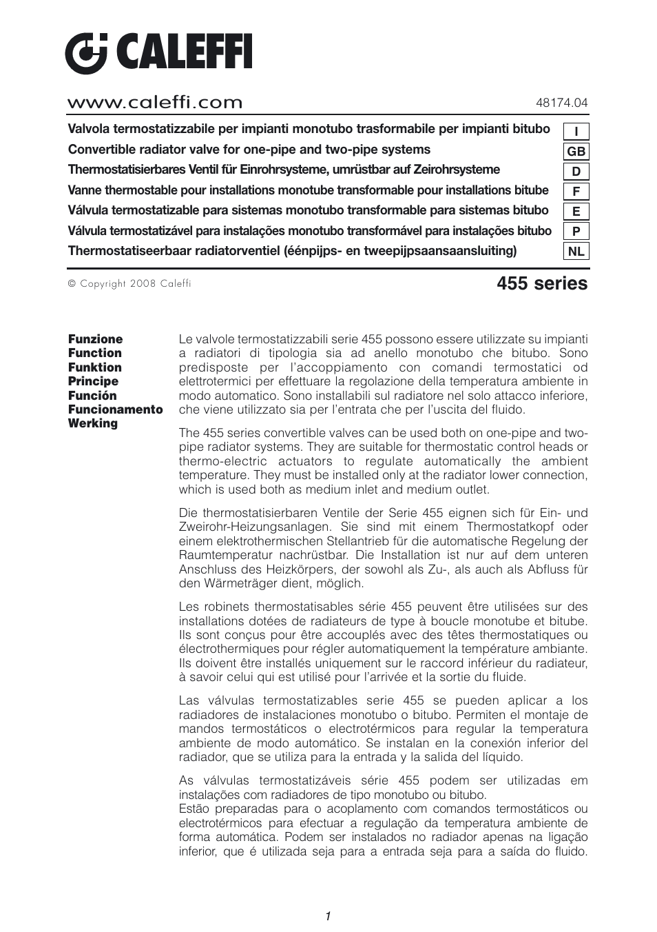 Caleffi 455 User Manual | 16 pages