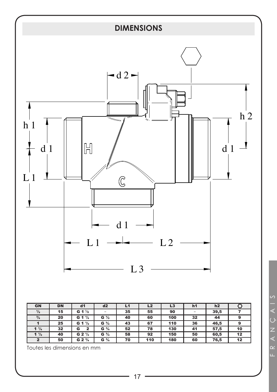 Dimensions, Français | Caleffi 524 User Manual | Page 17 / 24