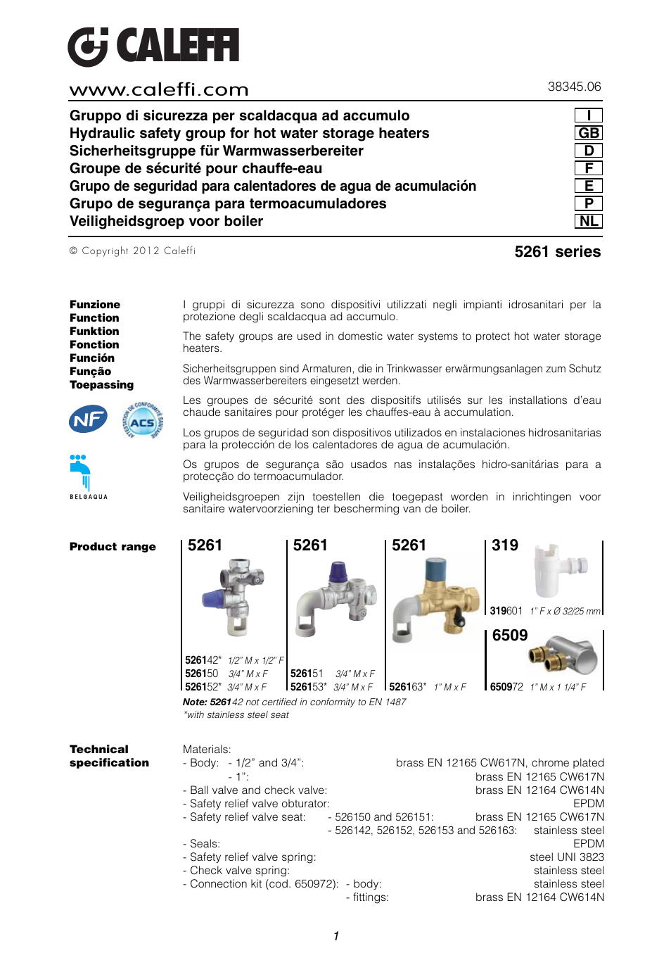 Caleffi 5261 User Manual | 8 pages