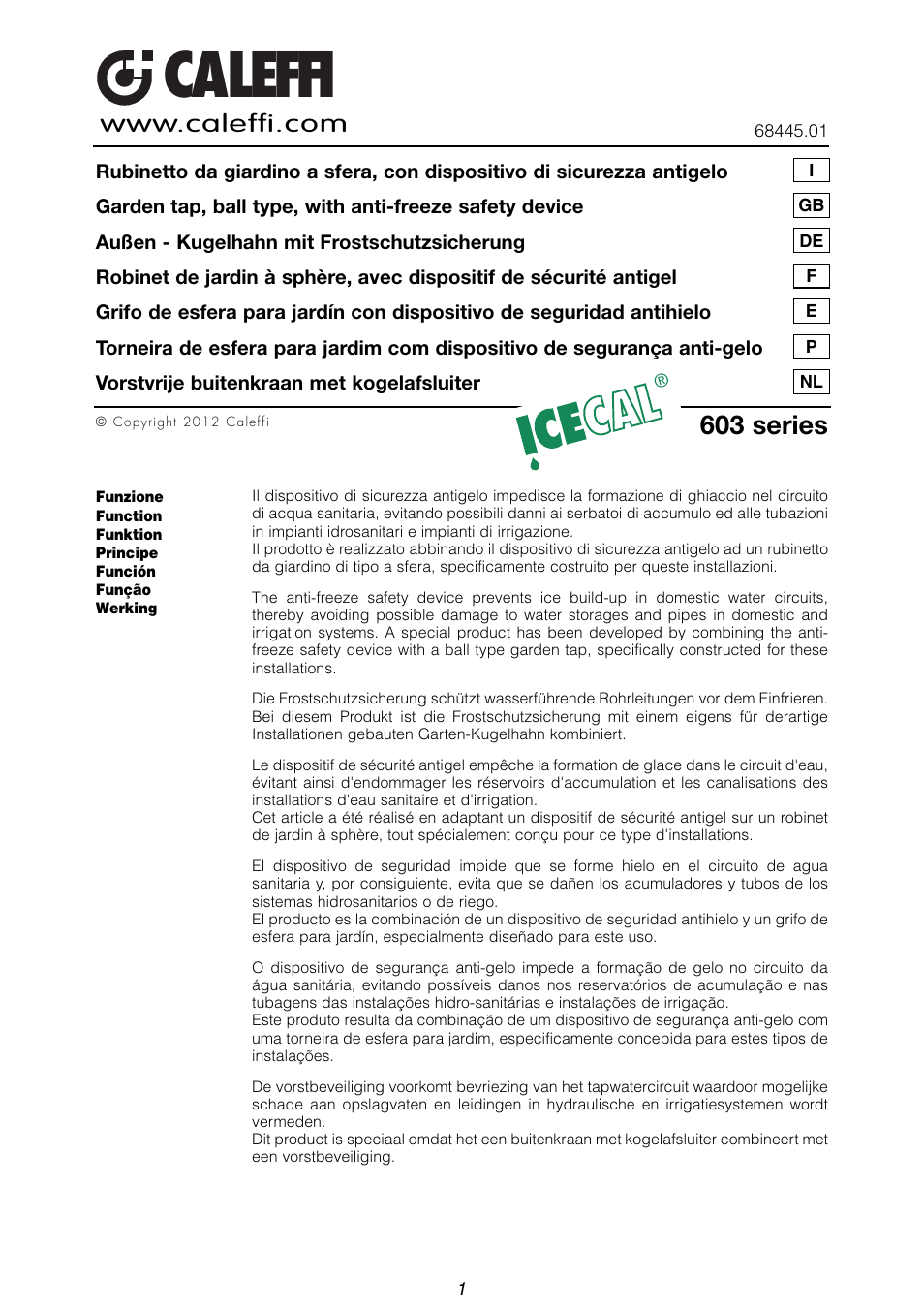 Caleffi 603 User Manual | 12 pages