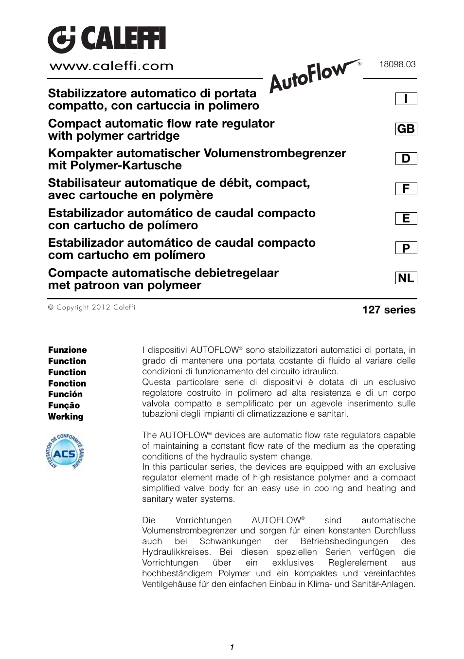 Caleffi 127 User Manual | 8 pages