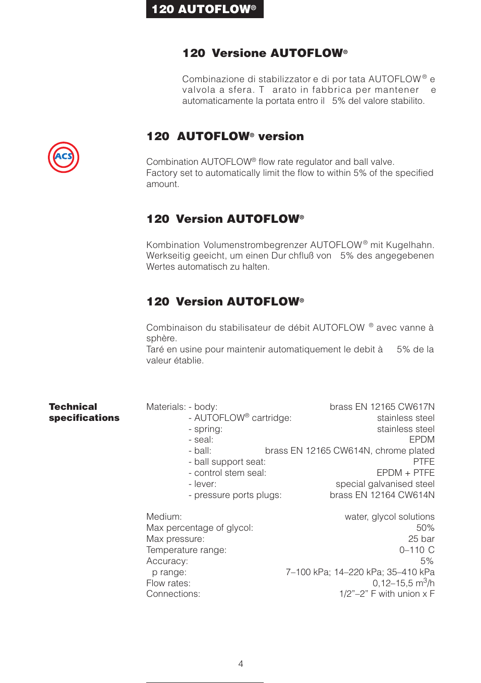 120 versione autoflow, 120 autoflow, Version | 120 version autoflow | Caleffi 100 User Manual | Page 4 / 16