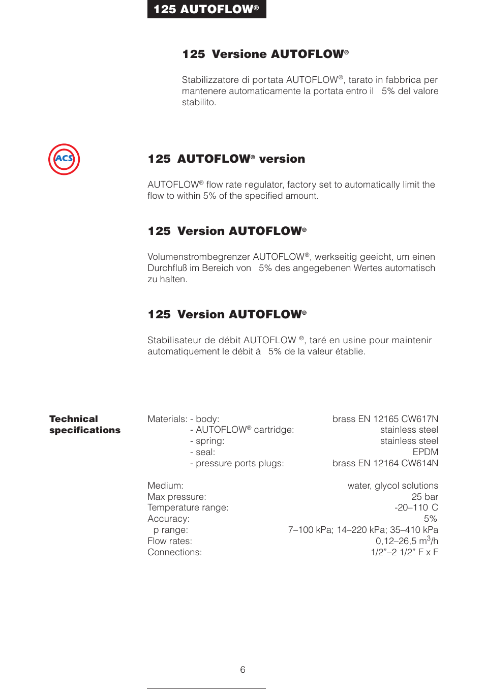 125 autoflow, Version, 125 version autoflow | 125 versione autoflow | Caleffi 100 User Manual | Page 6 / 16