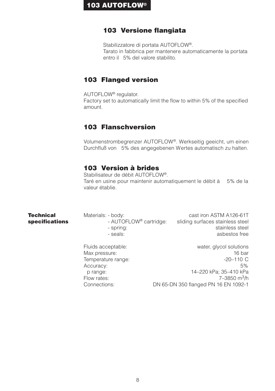 103 flanged version, 103 flanschversion, 103 version à brides | 103 versione flangiata, 103 autoflow | Caleffi 100 User Manual | Page 8 / 16