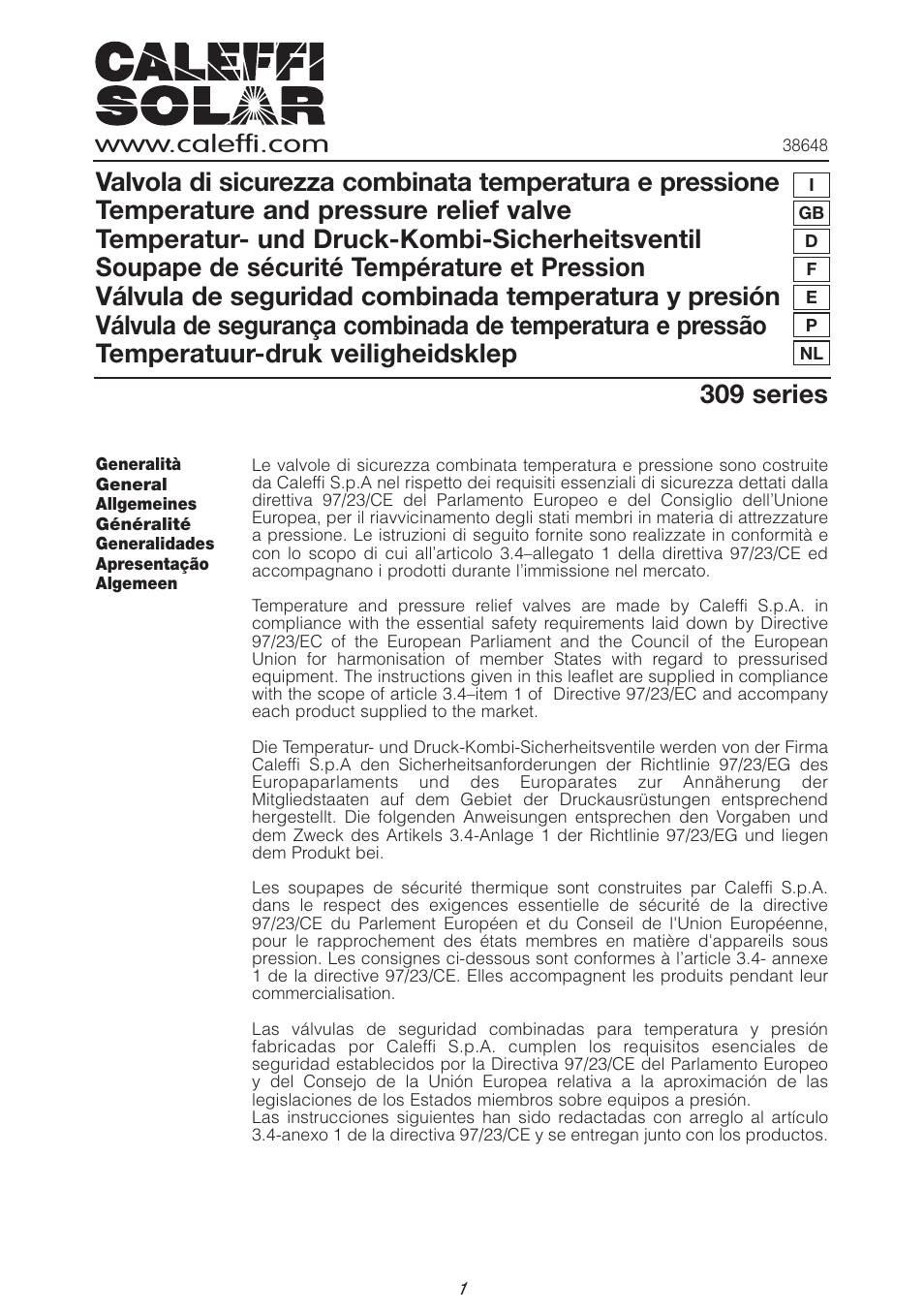 Caleffi 309 User Manual | 12 pages
