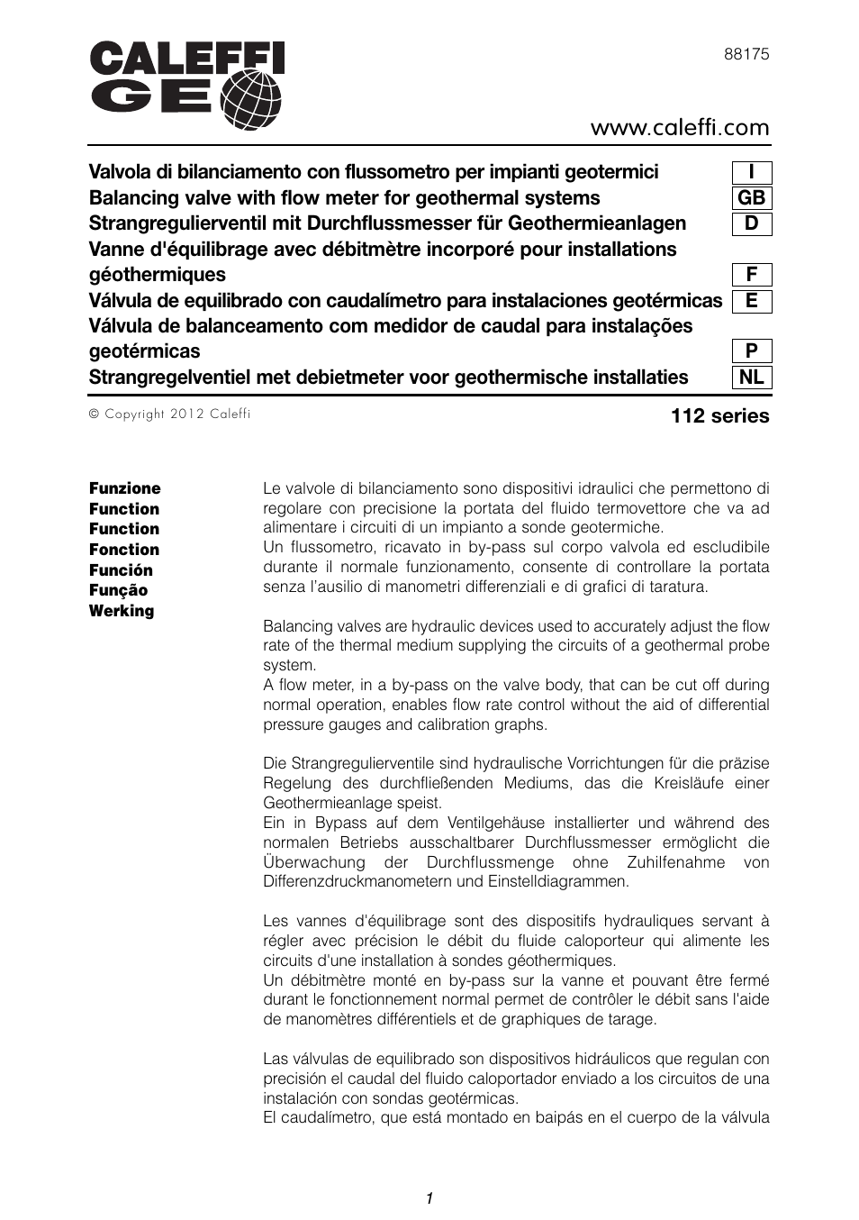 Caleffi 112 User Manual | 16 pages