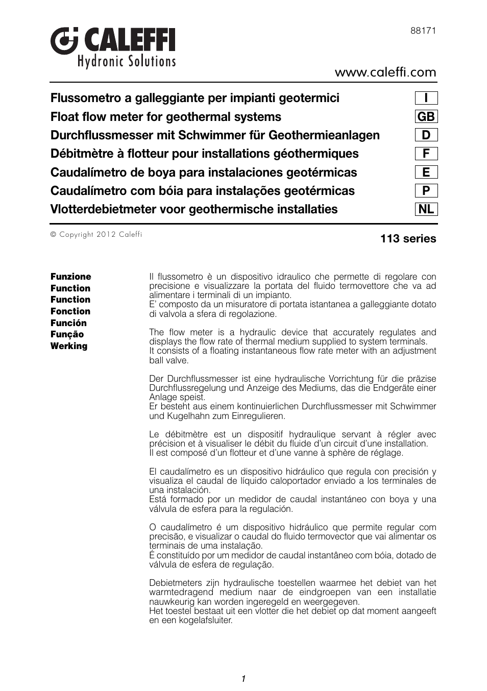 Caleffi 113 User Manual | 12 pages