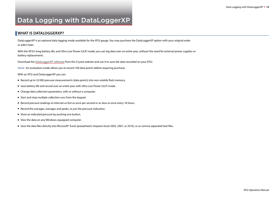 Data logging with dataloggerxp, What is dataloggerxp | Crystal DataLoggerXP Digital Pressure Gauge Software User Manual | Page 12 / 43