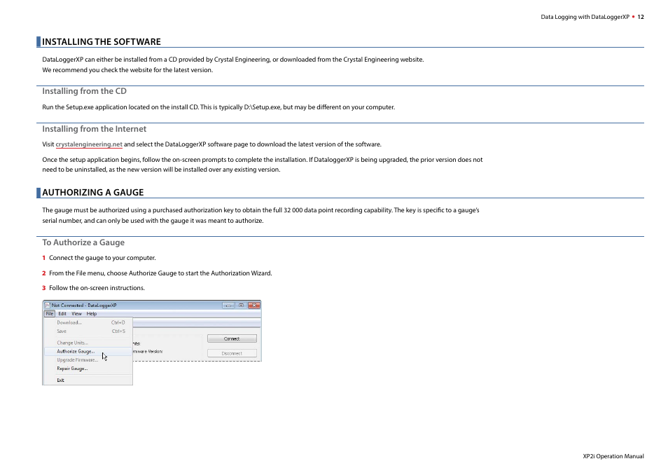 Installing the software, Authorizing a gauge | Crystal DataLoggerXP Digital Pressure Gauge Software User Manual | Page 14 / 43