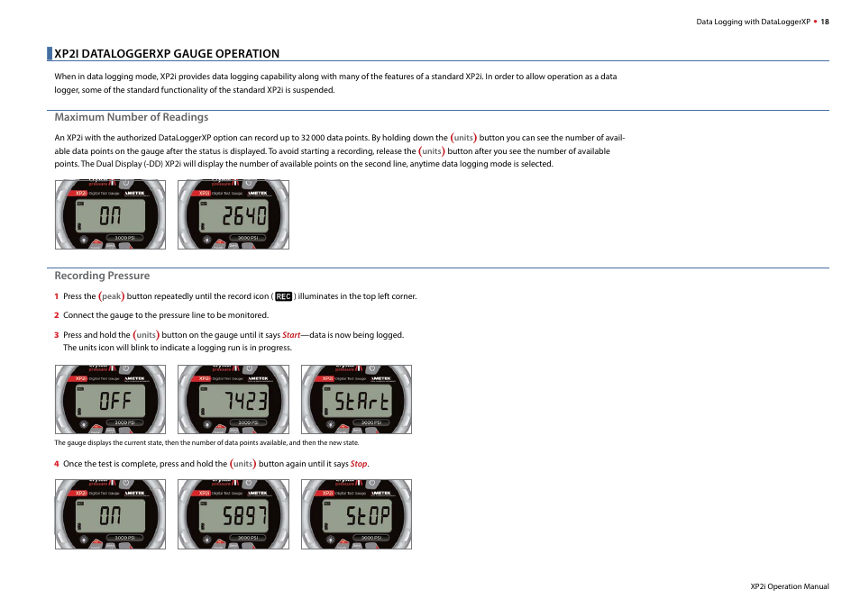 Xp2i dataloggerxp gauge operation | Crystal DataLoggerXP Digital Pressure Gauge Software User Manual | Page 20 / 43