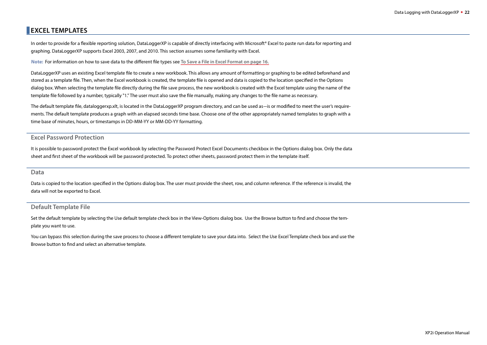 Excel templates | Crystal DataLoggerXP Digital Pressure Gauge Software User Manual | Page 24 / 43