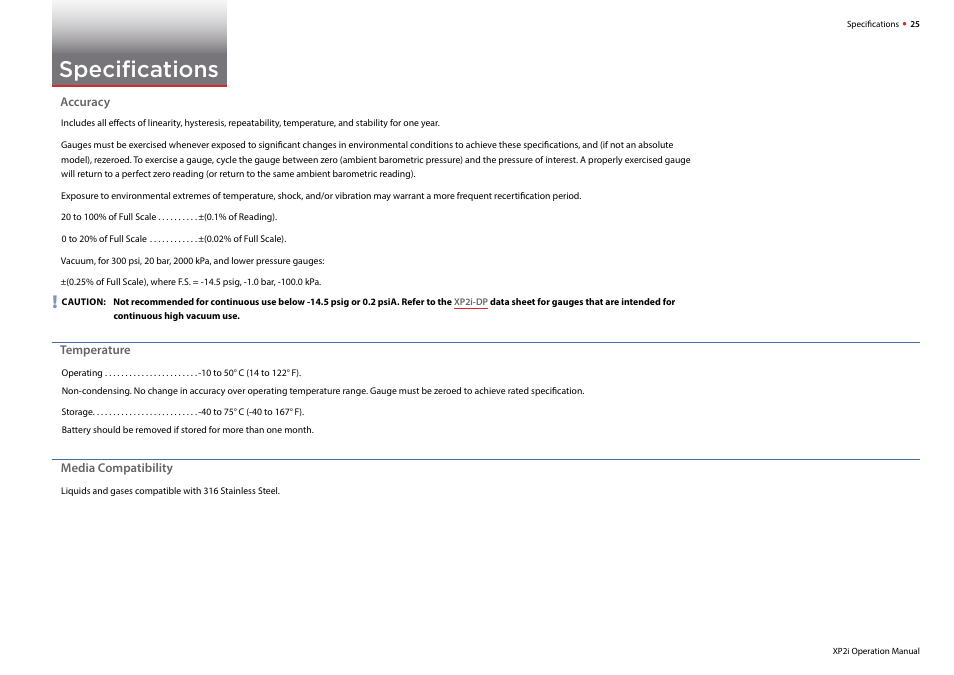 Specifications | Crystal DataLoggerXP Digital Pressure Gauge Software User Manual | Page 27 / 43